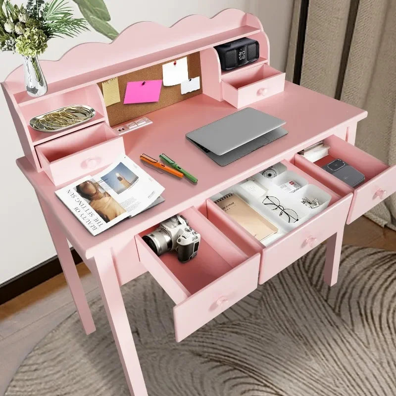 Pink NEW Home Office Furniture Writing Desk,Computer Work Station with Detachable Hutch, 5 Drawers Wood Guaranteed Authentic