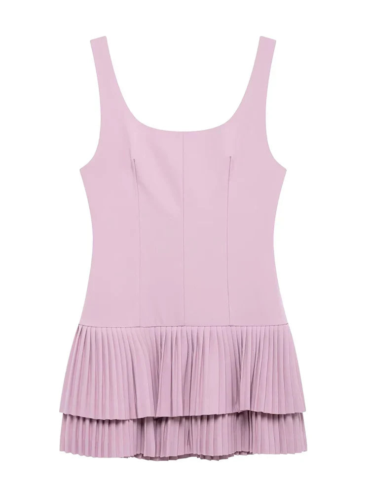 Elegant Women Solid Pleated Mini Dress Square Collar Backless Folds Slim Dress Fashion Sleevelesss