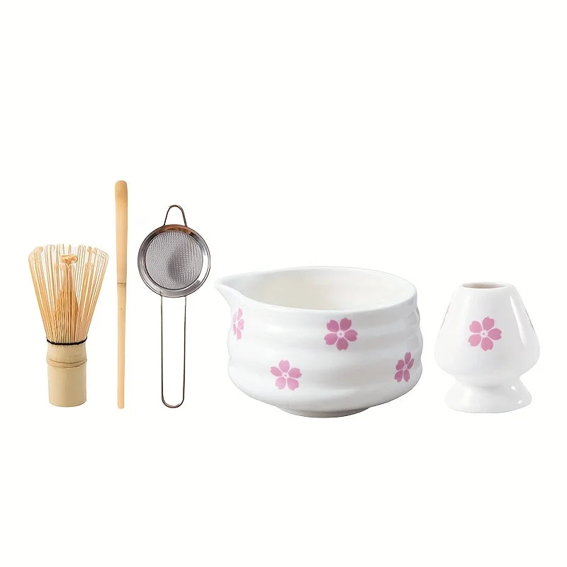 Hand-painted Cherry Blossom White Matcha Bowl with Matcha Whisk Set, Japanese Tea Set Includes Matcha Bowl with Spout