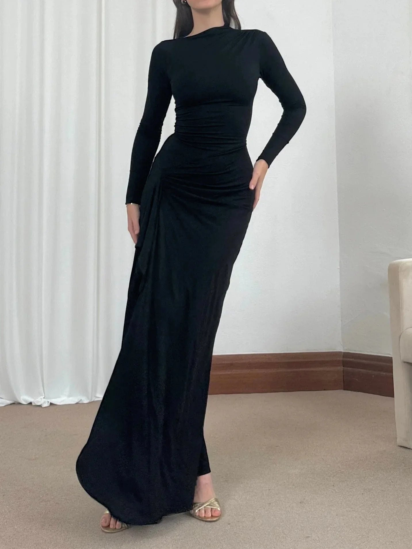 Elegant White Ruched Dresses Womens Long Sleeve Curvy Slit Evening Luxury Party Dress Winter Evening Black Gowns Red Prom Robe