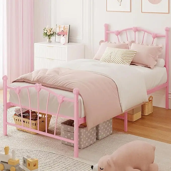 Twin Size Bed Frame, Heart Shaped Metal Bed Frame with Headboard and Footboard, Platform Bed Frame with Sturdy Slat Support