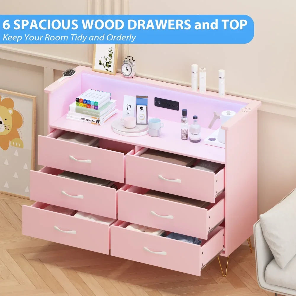 Dresser for Bedroom 6 Drawer with LED Light & Charging Station, Wooden Dressers and Chests of Drawers with 2-Tier Open Shelves