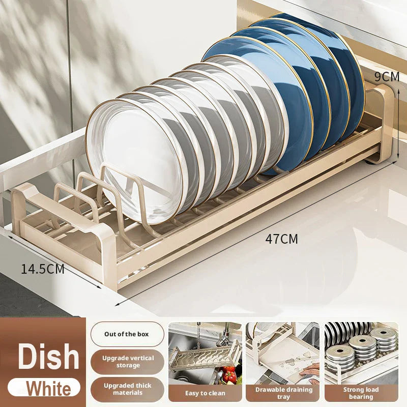 Pull Out Cabinet Dish Storage Rack Stainless Steel Plate Drain Stand Holder Kitchen Drawer Built-in Bowl Rack Basket Organizer