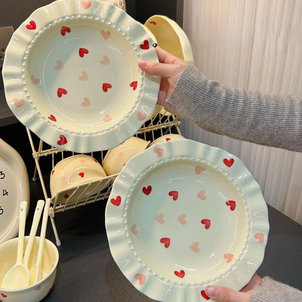 Cream Love Heart Lace 8.5inch French Deep Plate Ceramic