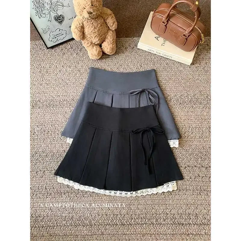 Plus Size Plus Size Women's Korean College Style Skirt with Butterfly Knot Lace Splicing A- Line Mini Skirt Half-length Skirt