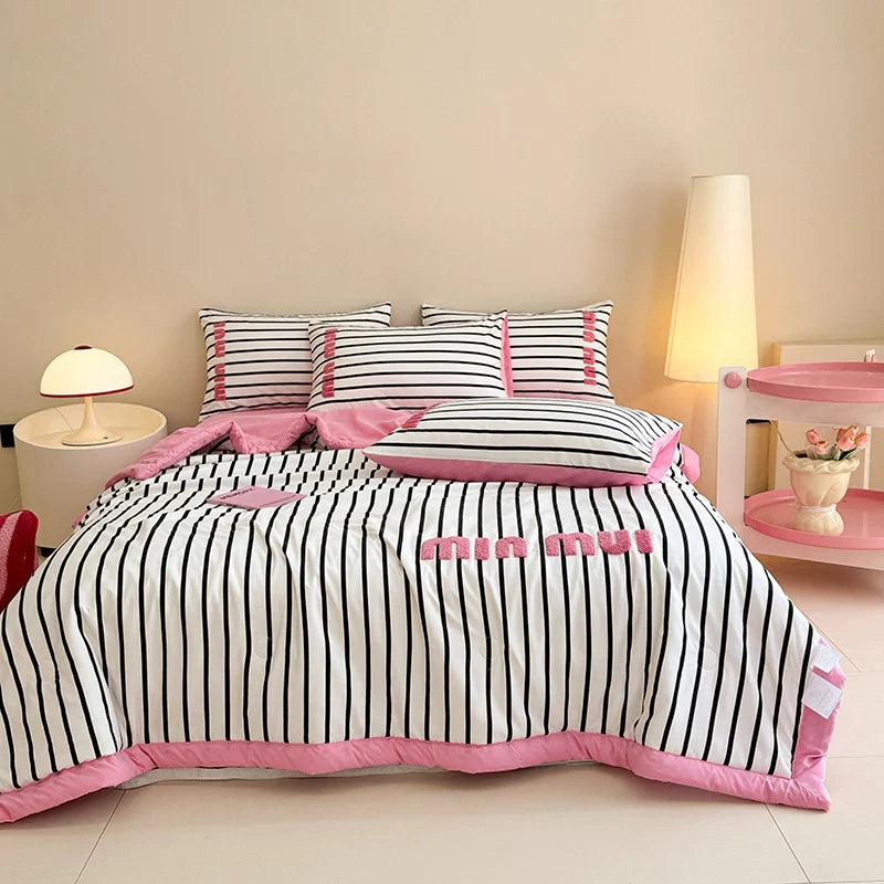 Stripe Quilt set Pink And White Bedding Set with Flat Sheet Set Soft  Fluffy Embroidery Quilt Set