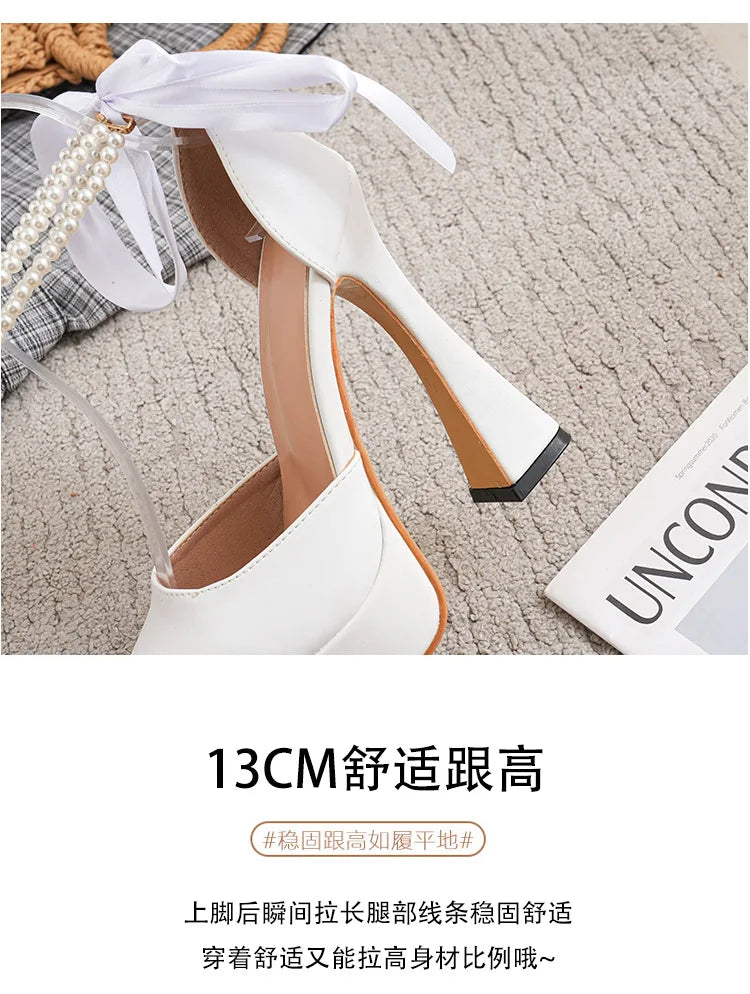 Fashion Super High Heels Sandals Bow Buckle Square Head Heels Ladies Shoes