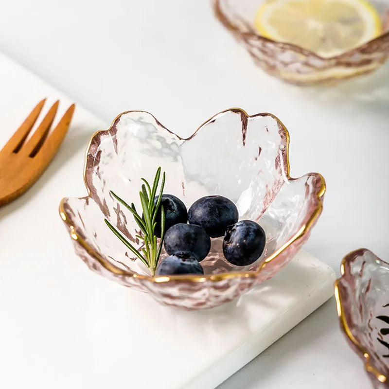 Cherry Blossom Sauce Dishes Small Glass Dish Sauce Bowl Nodic Gold Inlay Ice Cream Small Dinner Plates Kitchen Supplies 3pcs
