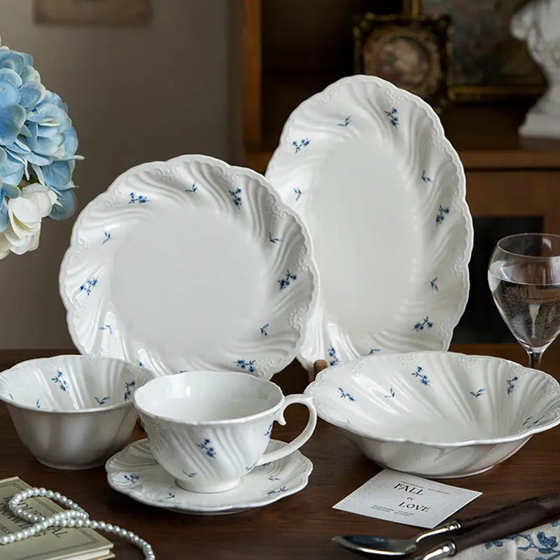 Ceramic Floral Bowl Dish Set Oval Plate New French Medieval High-end Cup Dish Set