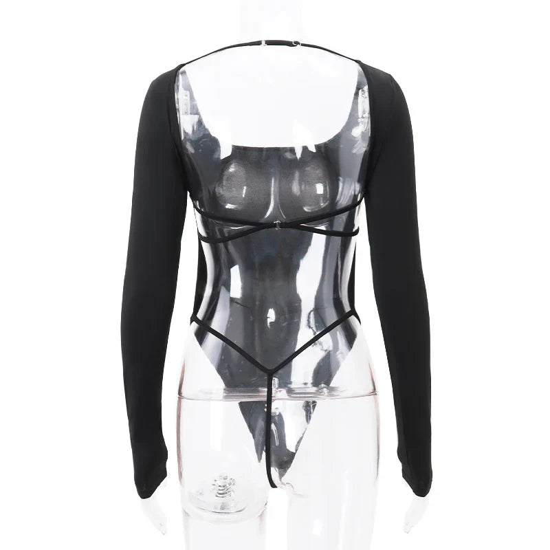 Sexy Lingerie Solid Backless Bodysuit Y2K Square-neck Long Sleeve Bodycon