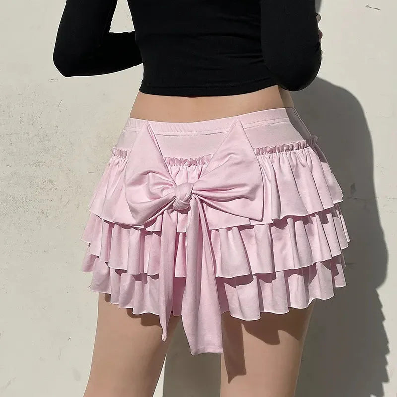 Ladles Bow Sweet A-Line Skirts Women Sexy Slim Low-Waist Mini Skirts