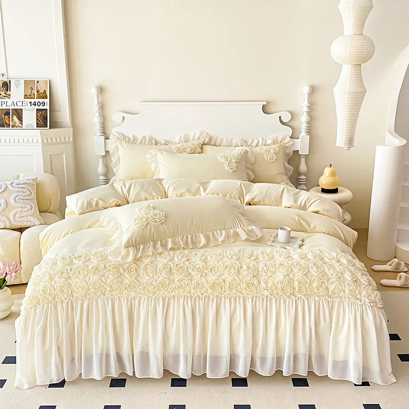 Soft Three-dimensional Flowers Embroidery Lace Ruffles Princess Bedding Set Duvet Cover With Pillowcases