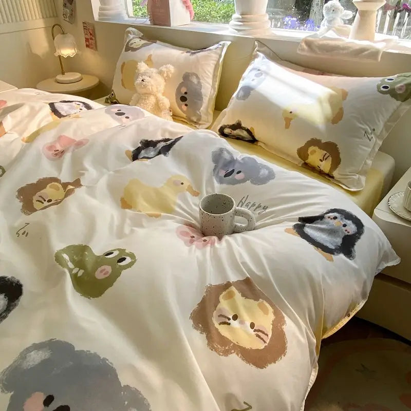 Cute Cartoon Bedding Set New No Filler Ins Soft Duvet Cover Flat Sheet Pillowcases Comforter Cover