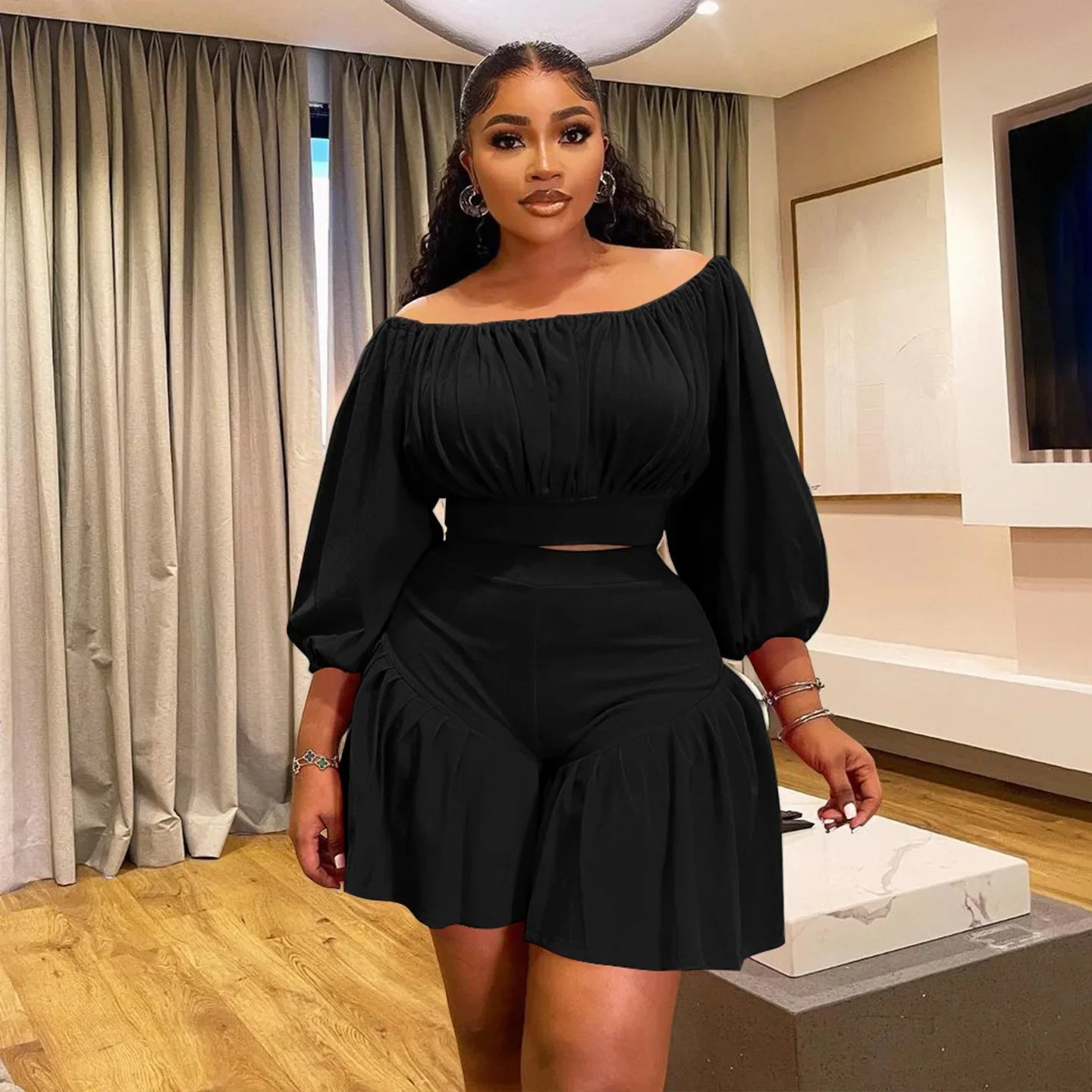 Plus Size Women's Set Long Sleeve Slash Neck T-Shirt and Shorts Summer Ruched Two 2 Piece Set Outfits Tracksuit