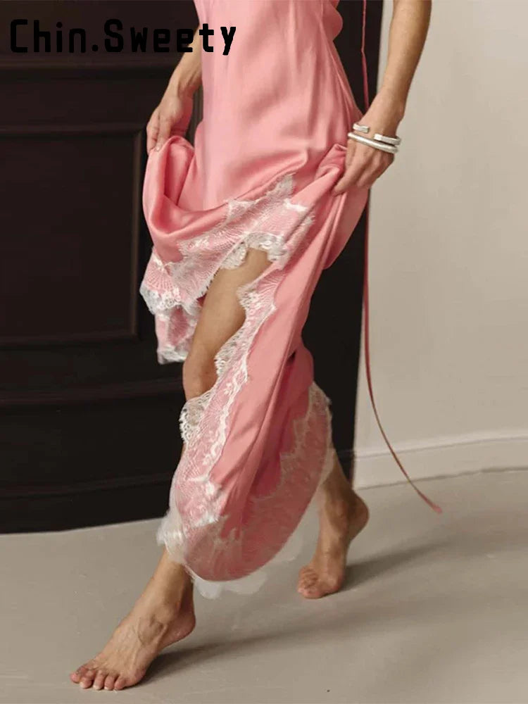 Sexy Lace Patchwork Satin Sling Long Slim V-neck Sleeveless Backless Maxi Dress