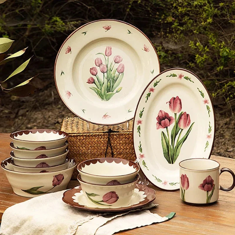 Retro Tulips Flower Ceramic Light Luxury Exquisite Dessert Plate