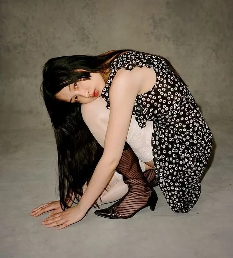 French Daisy Vintage Girl Silk Polka Dots U Neck V Back Sexy Summer Women Long Dress