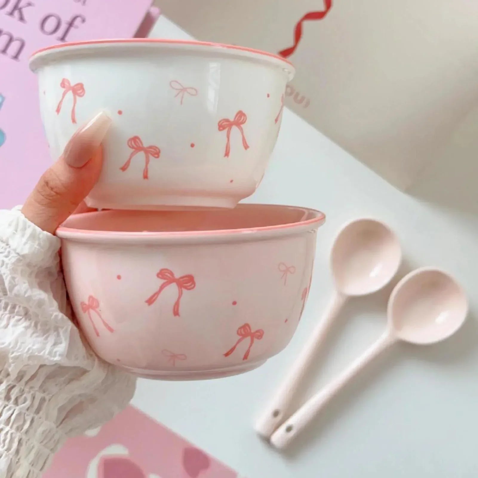 Pink Bow Bowls Cute Underglaze Colored Bowknot Ceramic Rice Bowl With Spoons