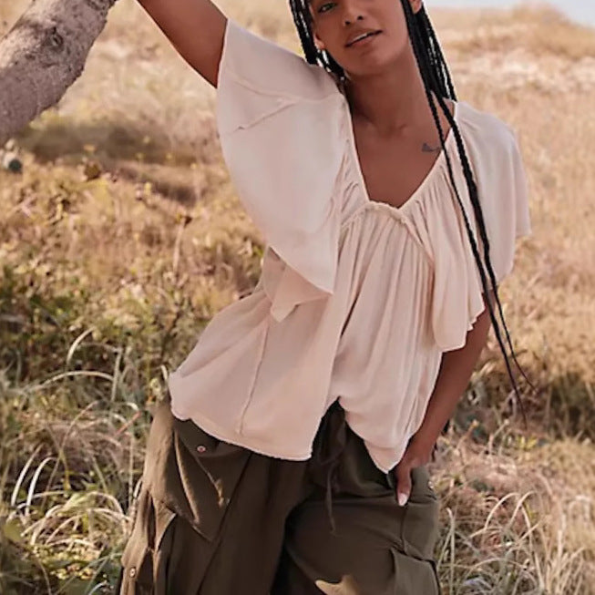 Lazy Style Linen Texture Round Neck Shirt