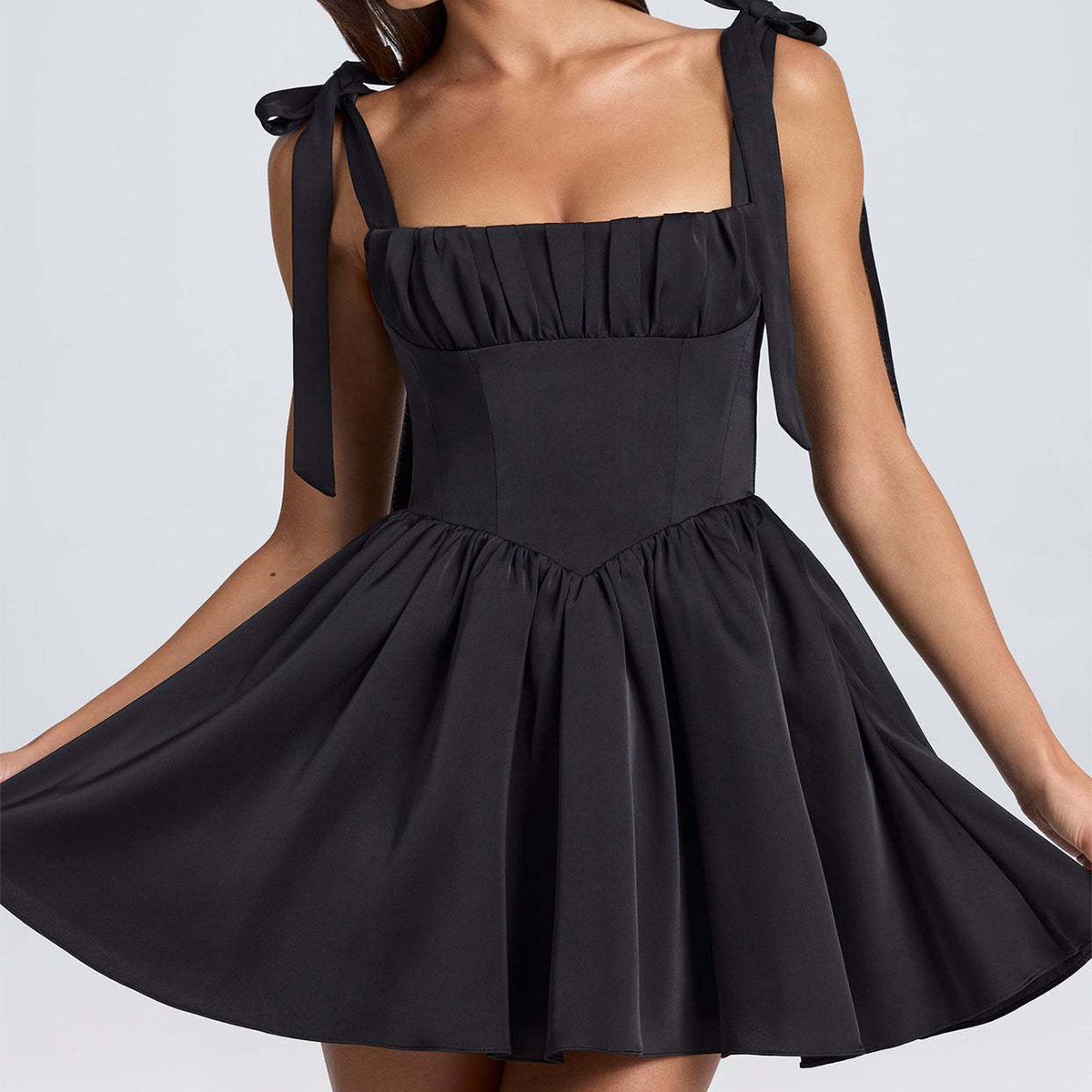Bow-tied Strap Dress Summer Fashion Backless Square Collar High Waist Short Dress