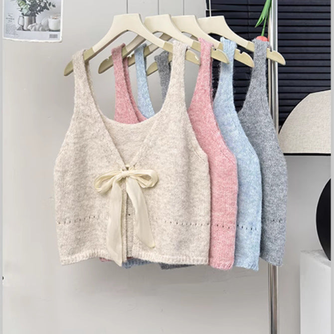 Sleeveless Bow Design Double-sided Wear Bandage Sweet Top