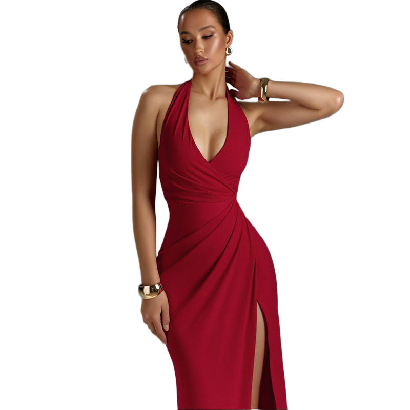 Women's Sling V-neck Halter High Slit Dress