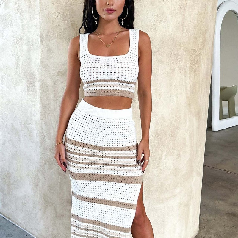 Summer New Sleeveless Vest Sexy Slit Striped Skirt Knitting Suit