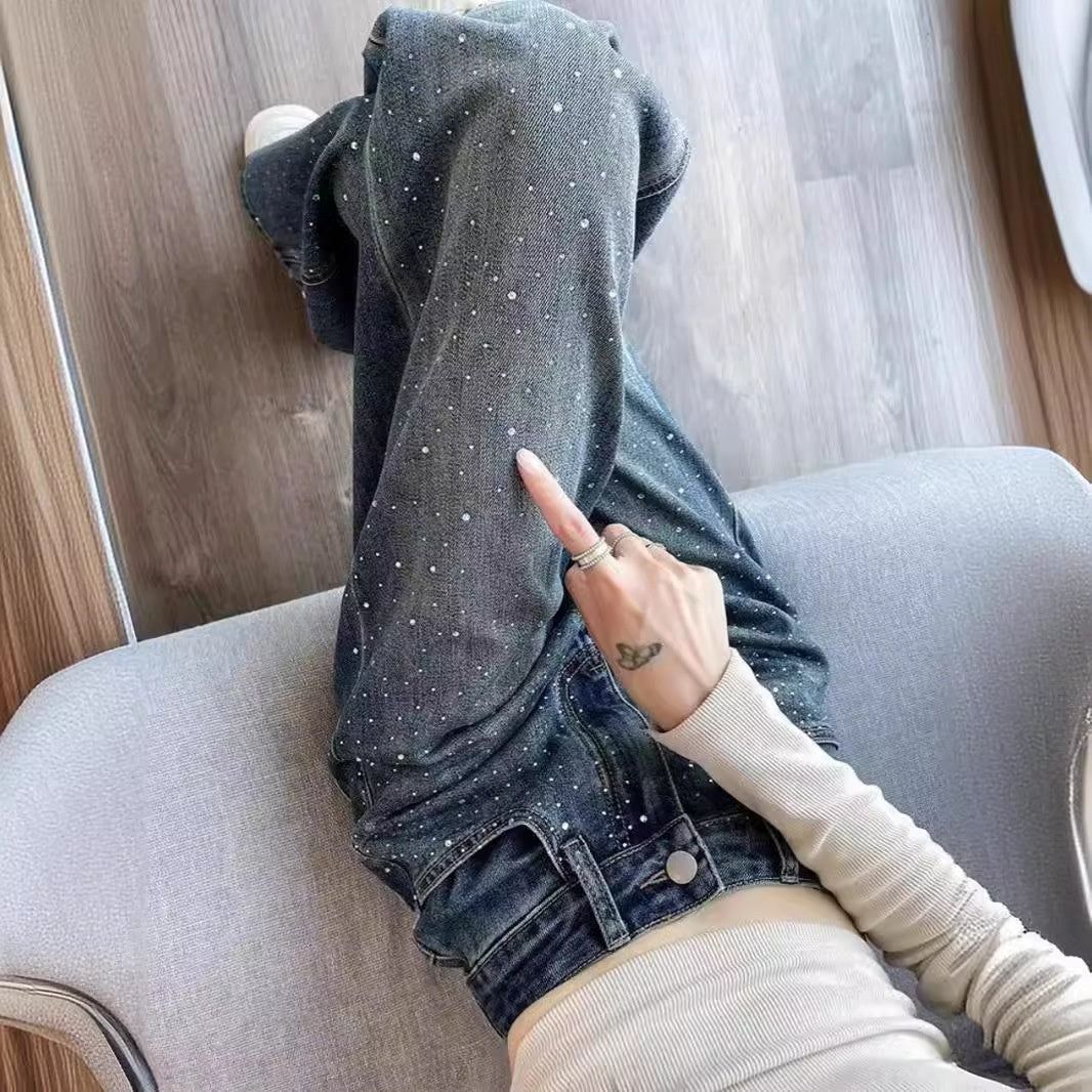 Rhinestone High Waist Narrow Wide Leg Jeans