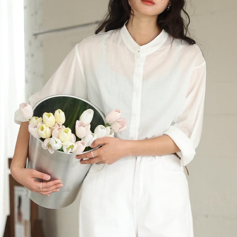 Linen Stand Collar Shirt Light Thin And Loose Button Top