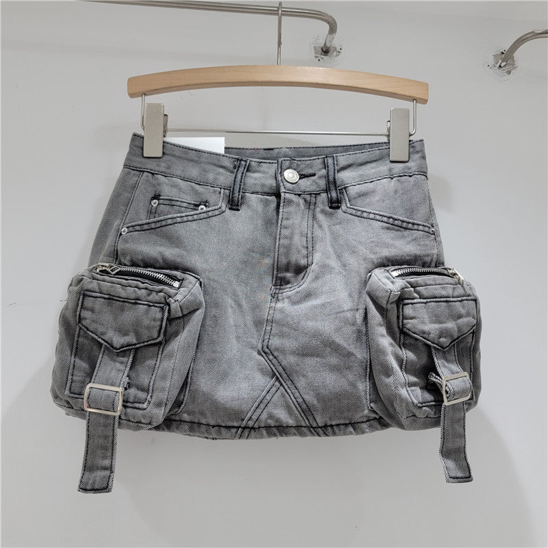 Retro Three-dimensional Workwear With Pocket Denim Skirt