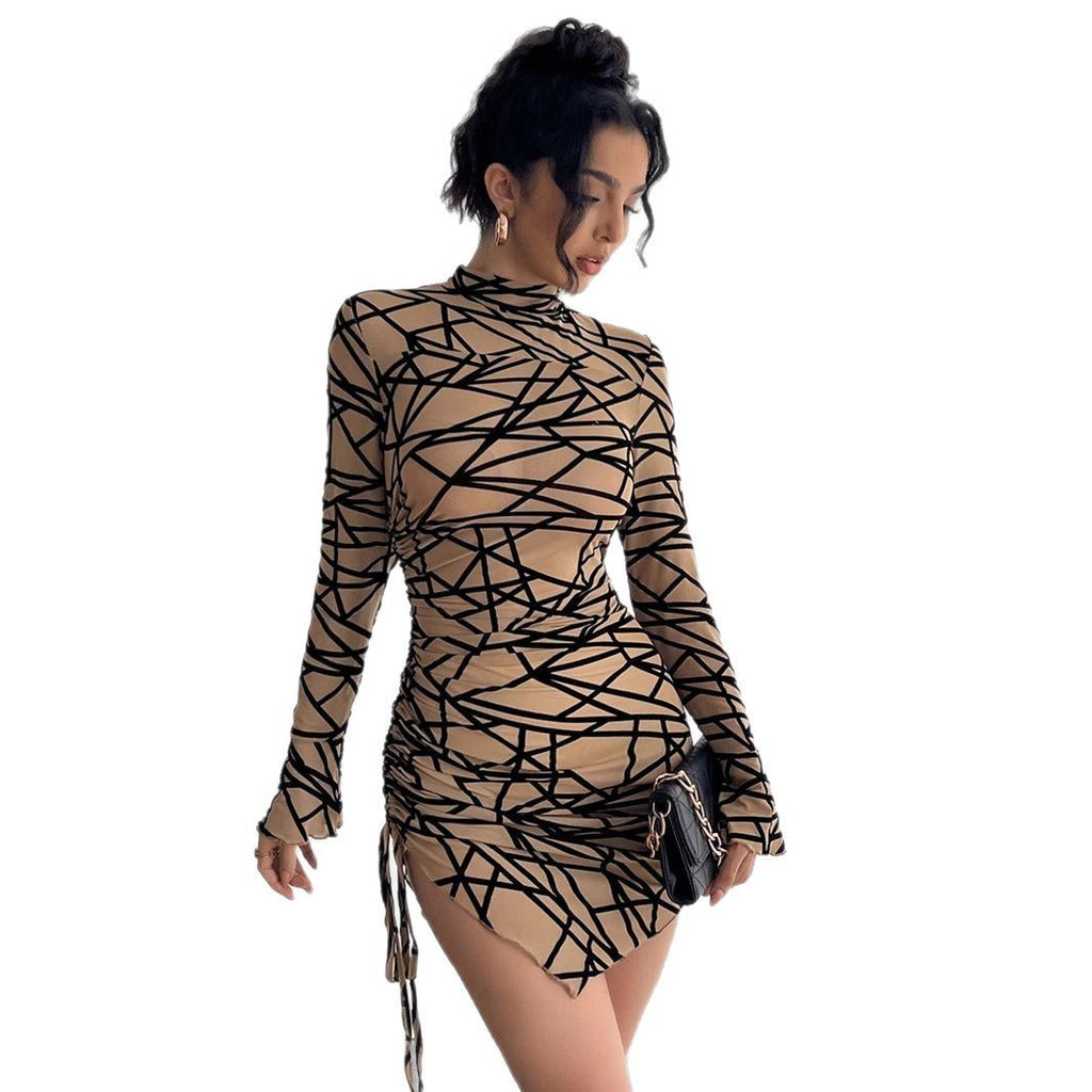 Slim-fit Side Drawstring Stand-up Collar Long-sleeved Irregular Short Dress