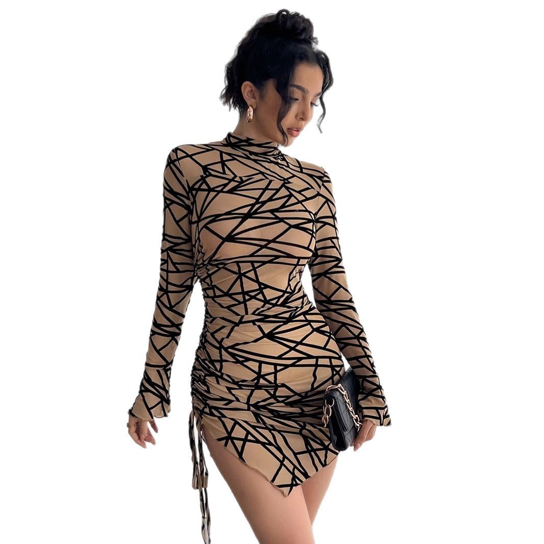 Slim-fit Side Drawstring Stand-up Collar Long-sleeved Irregular Short Dress