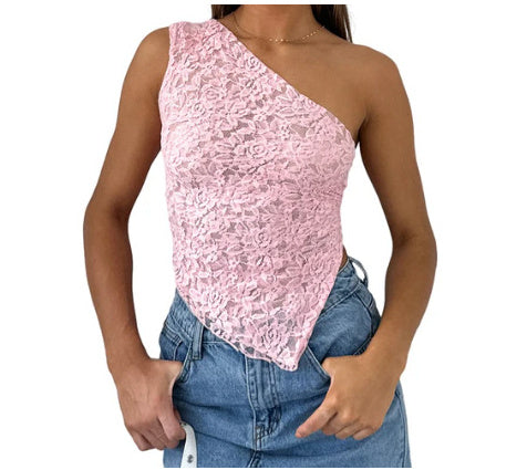 Lace Backless Top Summer Solid Color Waistless Asymmetrical Sloped Neck Vest Streetwear Womens Clothes