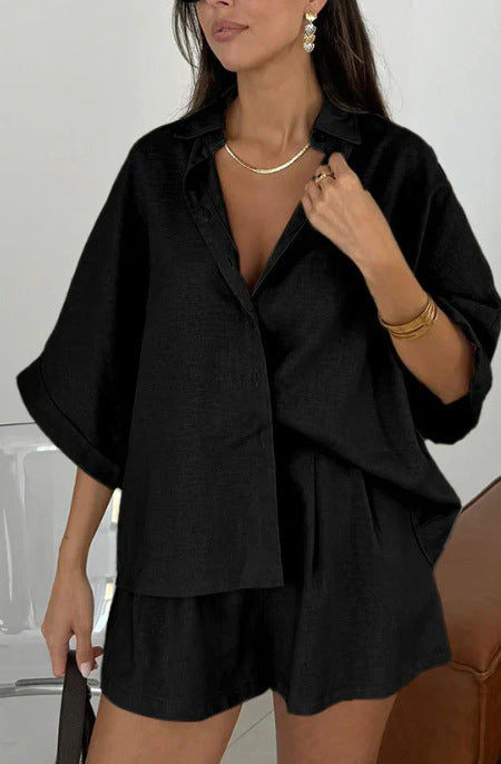 Fashion Polo Collar Half Sleeve Top And Shorts Two-piece Set