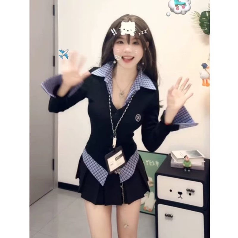 Fake Two-piece Plaid Long-sleeved T-shirt For Women