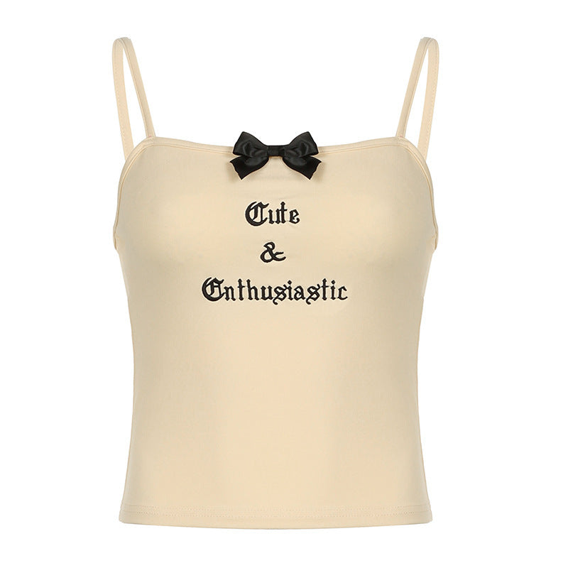 Hottie Bow Stitching Letter Embroidered Strap Slim Top