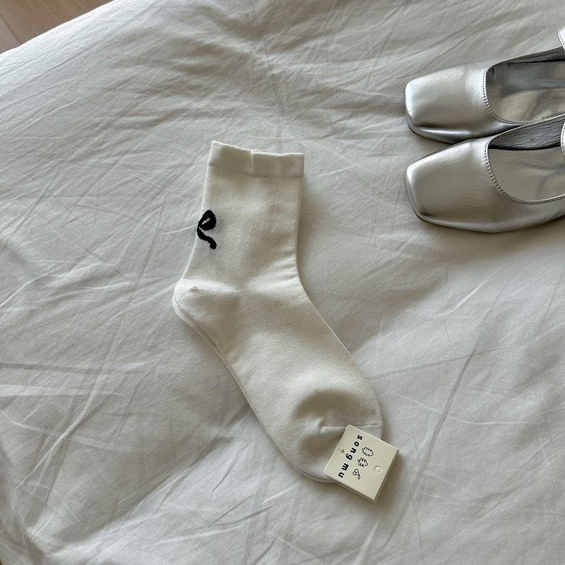 Japanese Style Simple Mid-calf Length Socks For Women Spring And Summer Heel Bow