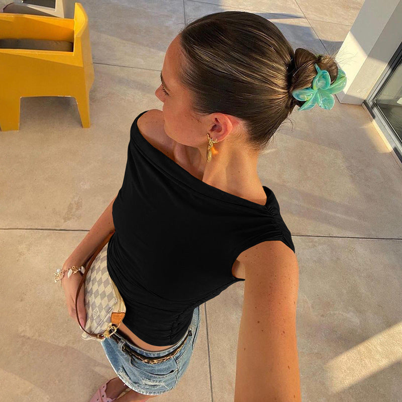 Street Simple Graceful Solid Color Diagonal Collar Top For Women