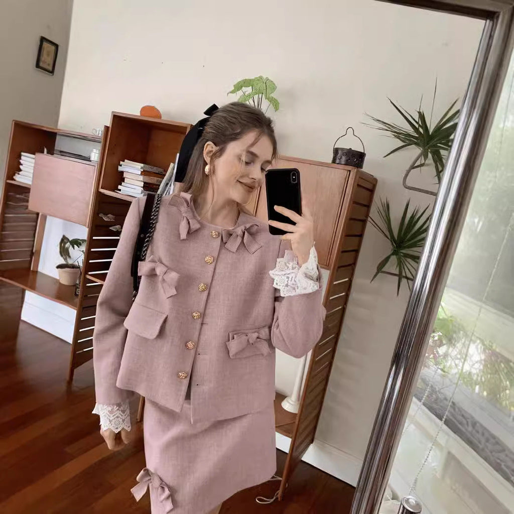 Ladies Bow Coat A- Line Short Skirt Two-piece Set Design Sense