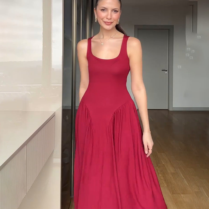 Women's Square Collar Sexy Sleeveless Pleated Temperament Slim Dress