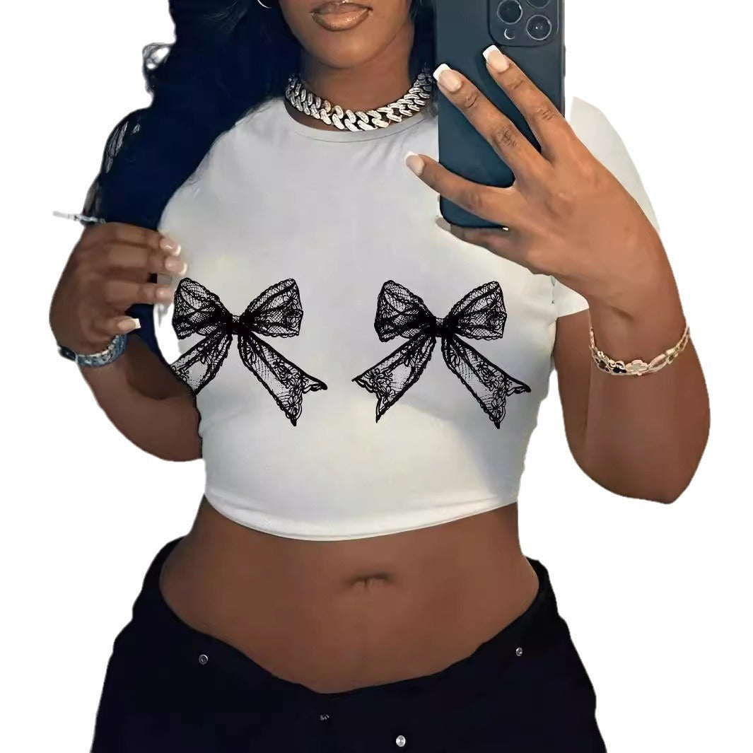 Simple Round Neck Lace Bow Print Short Sleeve