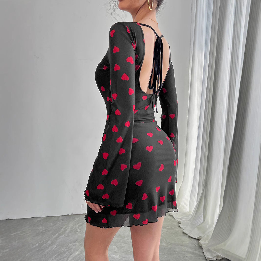 Heart Printing Flare Sleeve Backless Mesh Dress