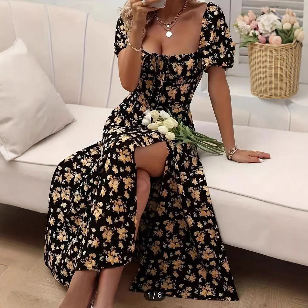 Floral Print Short Sleeve Split Dress