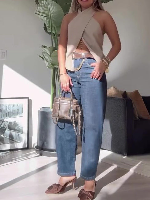 Khaki Cross Sleeveless Top