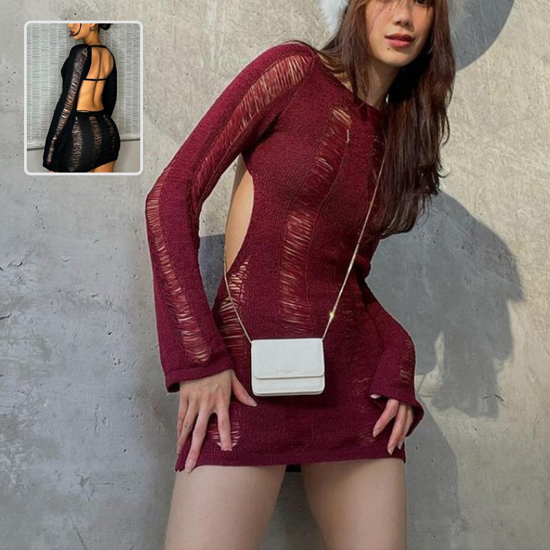 Slim Fit Hollow Long Sleeve Dress Y2K Sexy Backless Hip-hugging Short Dresses Womens Clothing