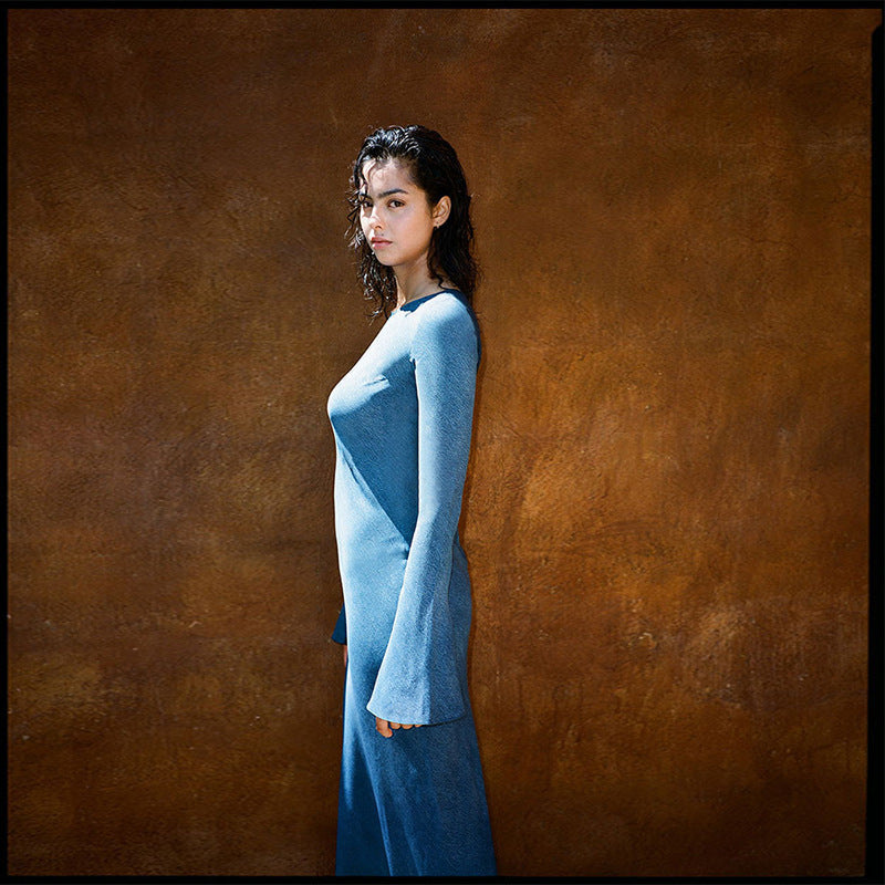 Women Blue Silk Long Sleeve Long Dress Sun Protection Vacation Style