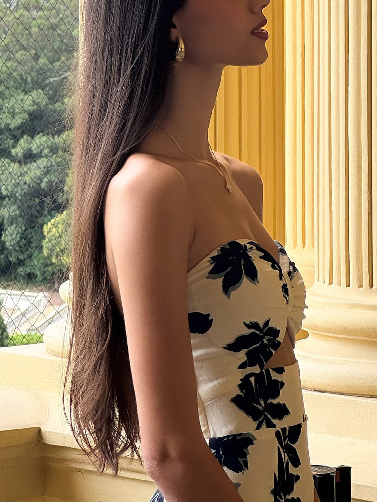 Strapless Printed Ruffle Maxi Dress