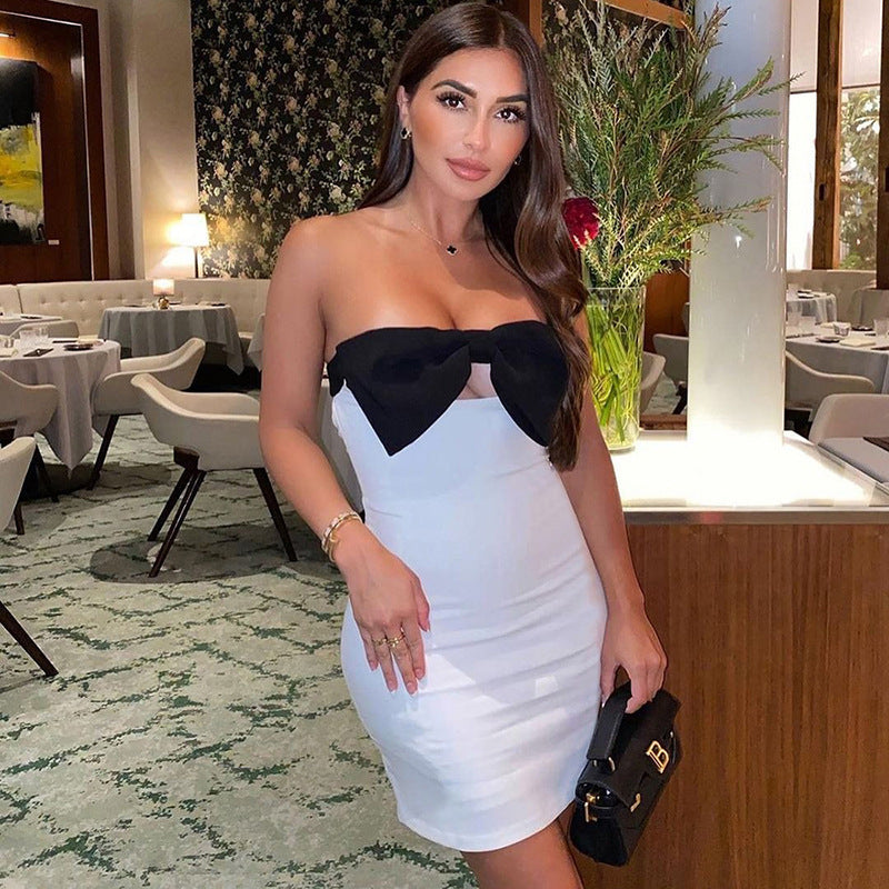 Women's Big Bow Color Contrast Patchwork Hollow-out Tube Top Tight Dress