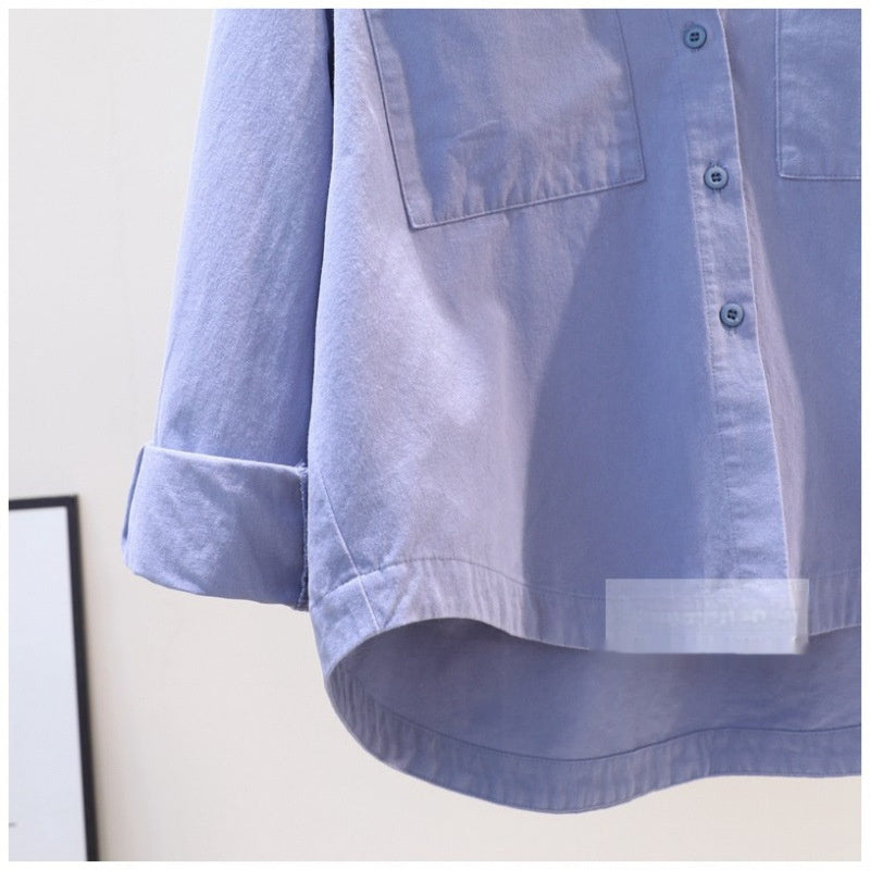 Women's Blue Double-pocket Brushed Cotton Shirt