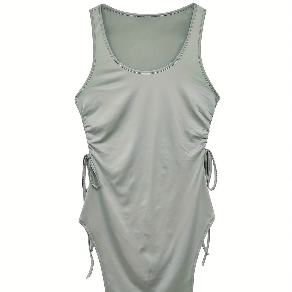 Women's Solid Color Round Neck Drawstring Slit Fashionable Sexy Dress With Hip Wrap